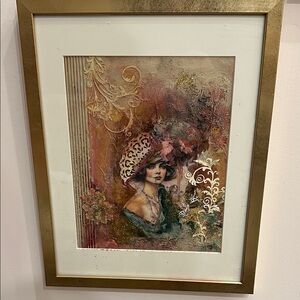 Framed Vintage-Style Woman Portrait Art Print in Pink and Gold